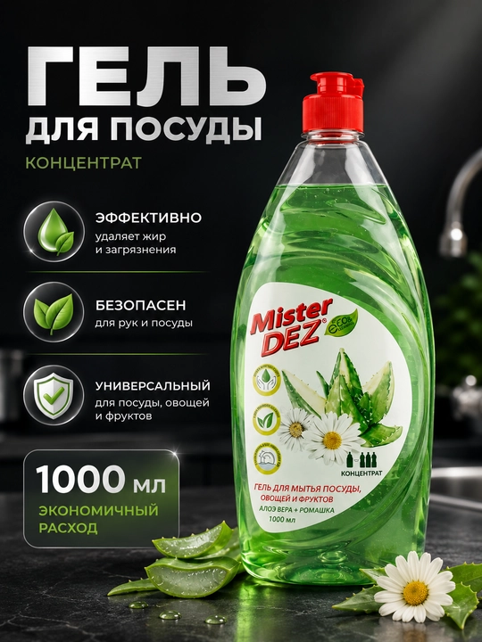 Гель для мытья посуды, овощей и фруктов, 1 л + металлическая губка в подарок Mister DEZ - 