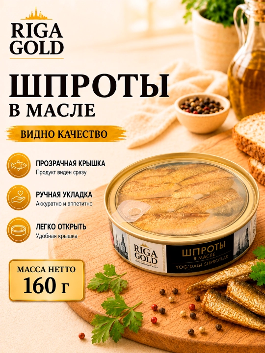 Riga Gold moyli shprotlari, 160 gr, shaffof qopqoq - 