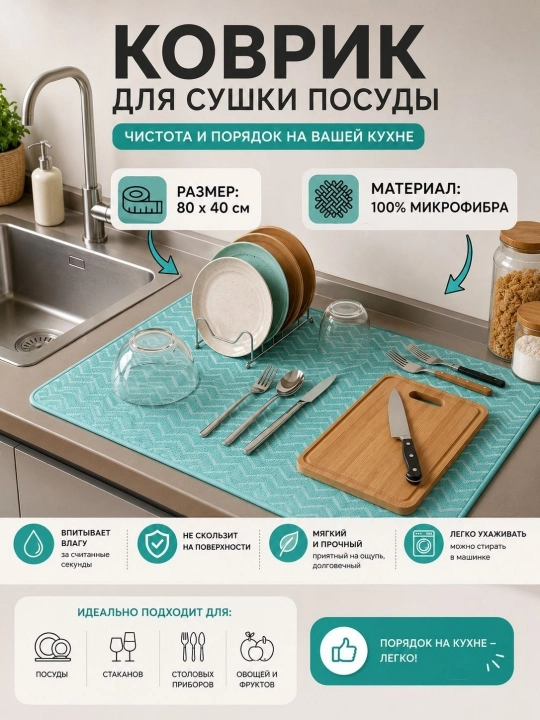 Коврик для сушки посуды, кухонный коврик, прихватка, влаговпитывающий мат, набор 3 в 1 - 