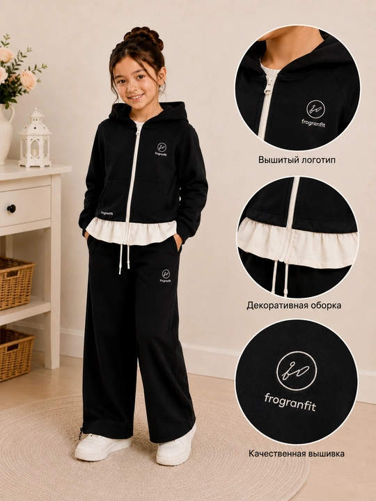 Qizlar uchun sport kostyum dvoyka, kapyushonli кофта va keng shim, 3–8 yosh