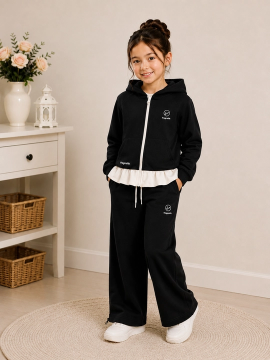 Qizlar uchun sport kostyum dvoyka, kapyushonli кофта va keng shim, 3–8 yosh