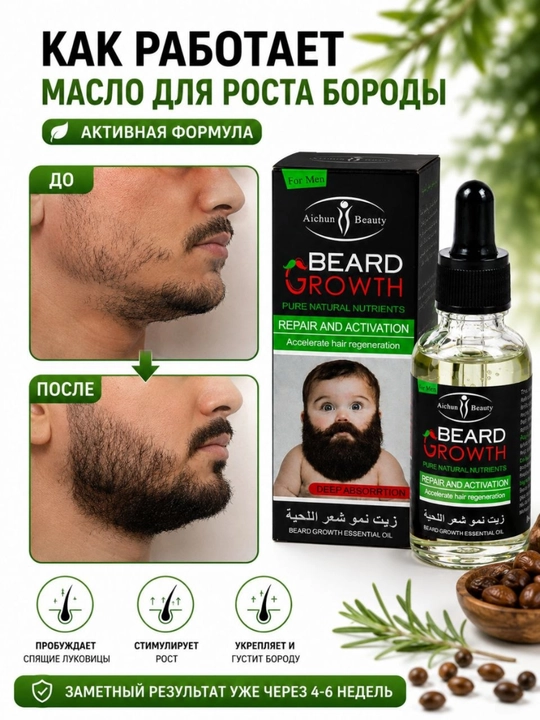Масло для роста бороды и волос Beard Growth, эффект миноксидила