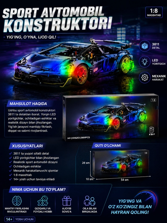 Avtomobil konstruktori, mashina konstruktori, 3811 detal, 1:8, sportkar, konstruktor mashi - 
