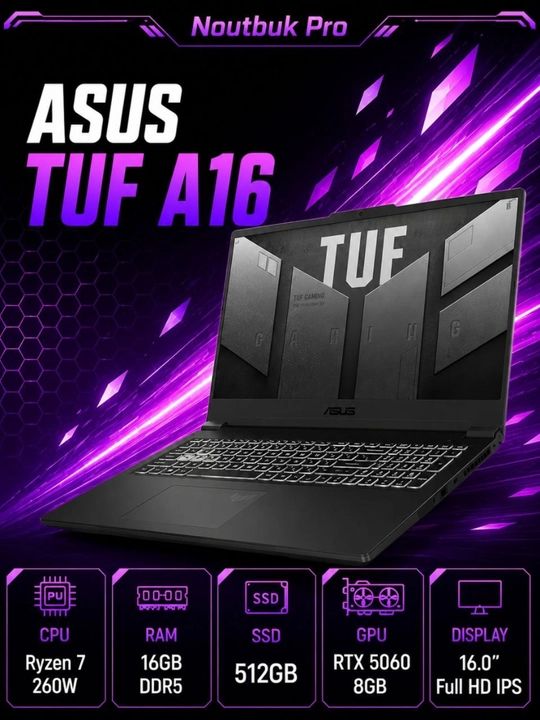 Ноутбук ASUS TUF A16 Ryzen 7-260W RAM 16 GB DDR5 SSD 512 GB RTX 5060 8 GB 16.0 FULL HD IPS - 