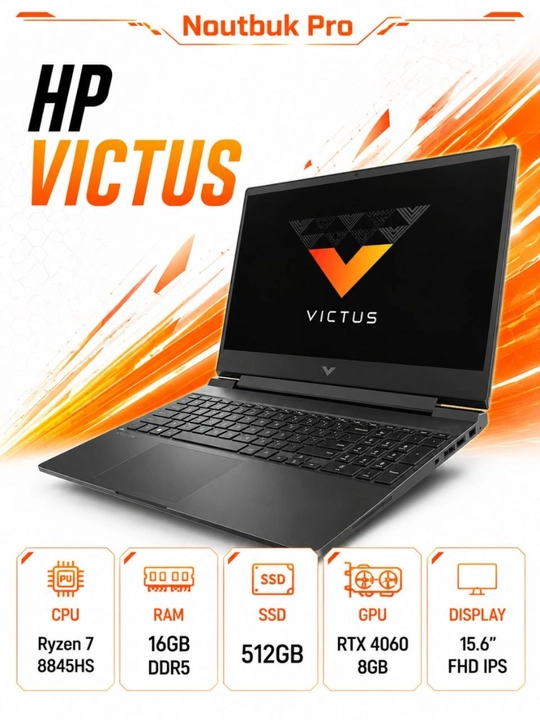 Ноутбук HP Victus Ryzen 7 8845HS DDR5 16/512 SSD RTX 4060 8GB 15.6FH.D IPS 144HZ - 