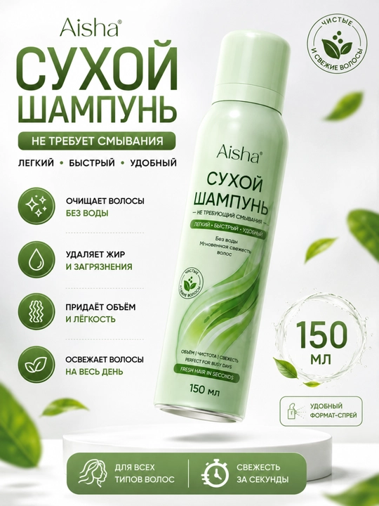 Quruq shampun Aisha, sochni suvsiz yangilash, barcha turdagi sochlar uchun, 150 ml - 