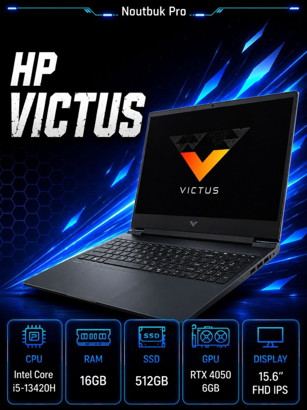 Ноутбук HP Victus Intel Core I5-13420H 15.6 FHD IPS 144Hz RTX 4050,6GB RAM16GB,512GB SSD - 
