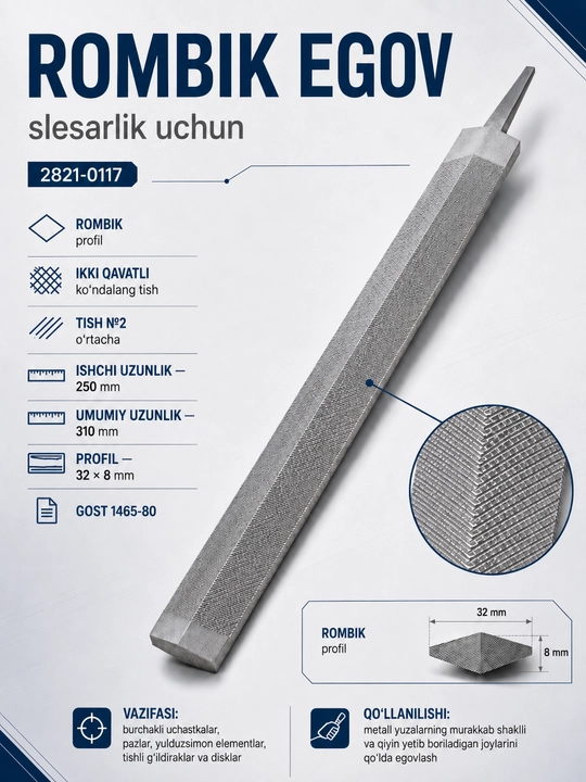 Metall uchun rombsimon egov 2821-0117, 250 mm, №2, GOST 1465-80