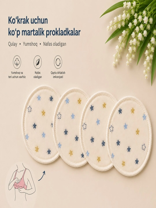 Laktatsiya qoplamalari, emizikli ayollarga ko'p martalik sut oqishiga qarshi prokladkalar - 