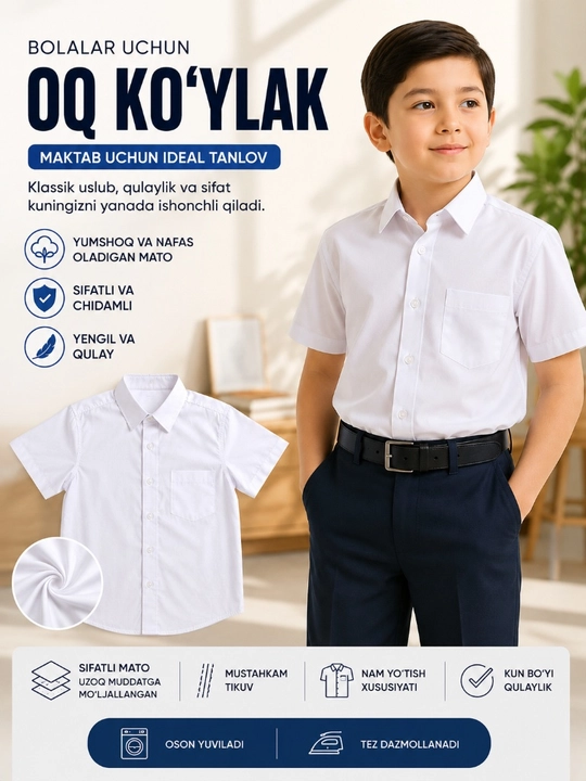 O‘g‘il bolalar uchun oq maktab ko‘ylagi. Paxta. Nafas oluvchi mato - 
