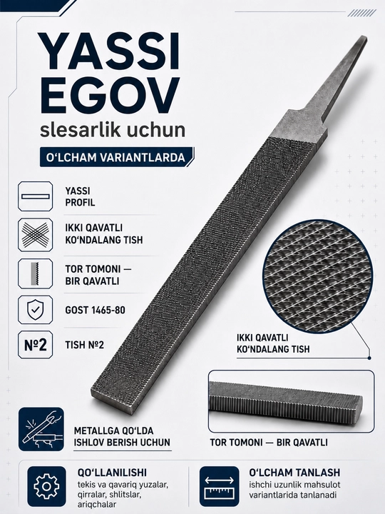 Metall uchun yassi egov №2, GOST 1465-80, uzunligi tanlanadi