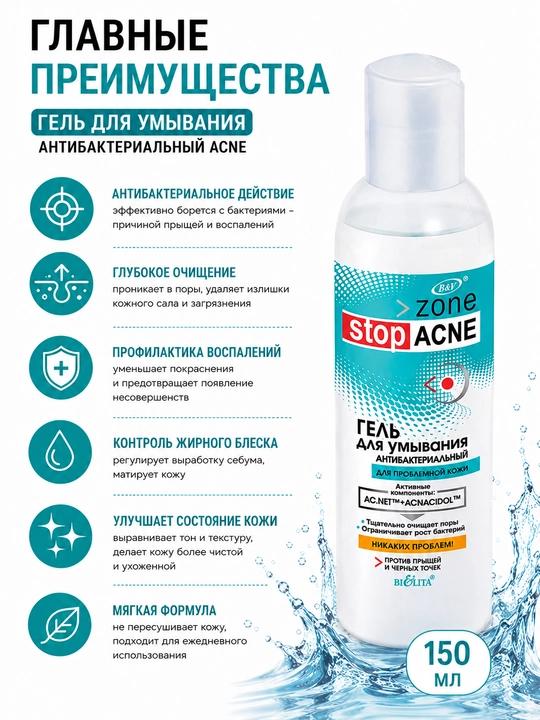 Гель для умывания антибактериальный ACNE, 150 мл, Белита