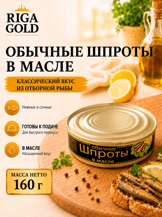 Yog‘dagi shprotlar, Riga Gold 160 gr - 