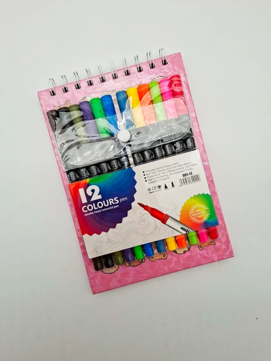 Ijodiy to‘plam bo‘yash kitobi va 2 tomonlama markerlar, 12-rang COLOURS 10×16 sm, spiral