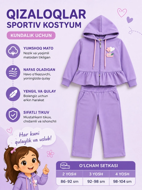Спортивный костюм для девочки 2-4 года, кофта с капюшоном и брюки, двойка