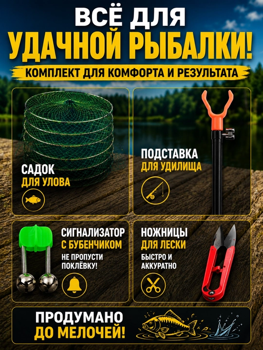 Готовый набор для рыбалки 11 предметов, телескопическая удочка, садок, подставка, снасти