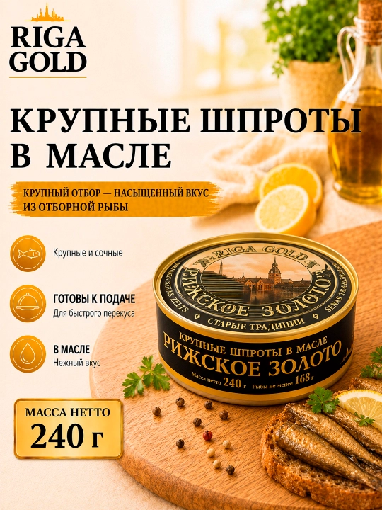 Yog‘dagi yirik shprotlar, Riga Gold 240 gr - 