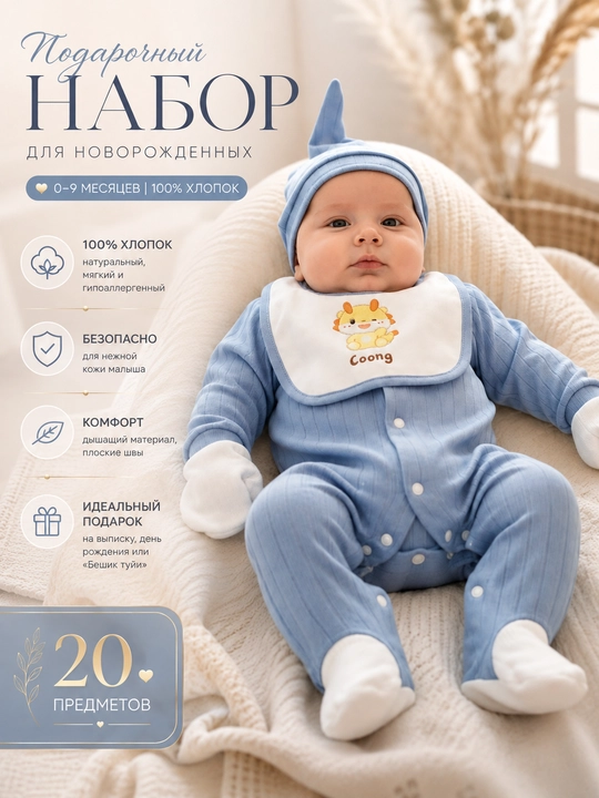 Подарочный набор для новорожденных 20-в-1 (0-9 месяцев) — 100% хлопок - 