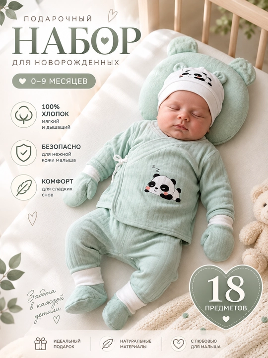 Набор для новорожденных, 18 в 1, 100% хлопок, идеальный подарок на выписку (0-9 мес) - 