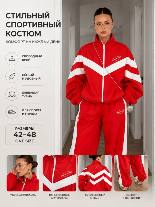 Ayollar sport kostyumi, katta o‘lchamda, zamokli, shim bilan, erkin bichimda, 42-48
