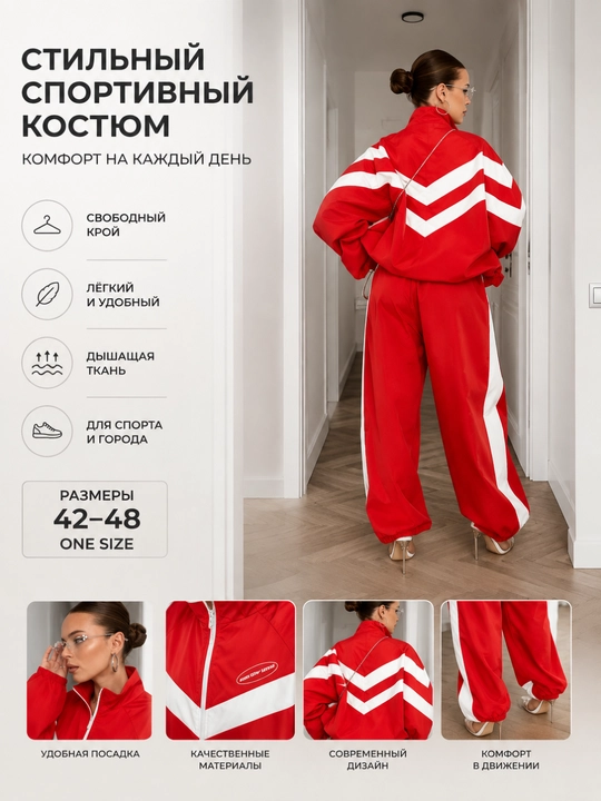 Ayollar sport kostyumi, katta o‘lchamda, zamokli, shim bilan, erkin bichimda, 42-48