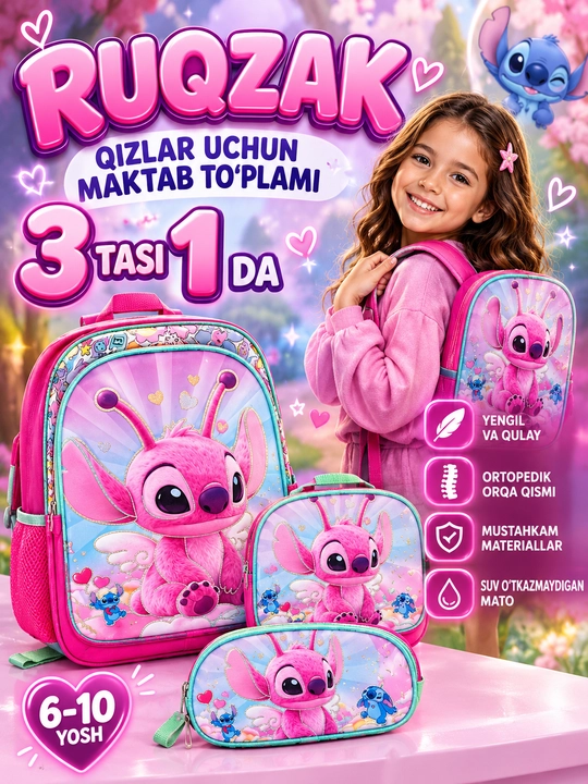 4-10 yoshli bolalar uchun ryukzak, qalamdon bilan, bolalar bog‘chasi, maktab uchun ryukzak, ortopedik - 