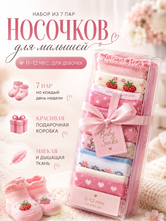 Chaqaloqlar uchun 7 juft paypoq sovg‘a to‘plami (0–12 oy), qizaloqlar uchun - 