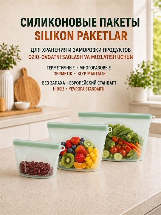 Oziq-ovqat saqlash va muzlatish uchun germetik, ko‘p martalik silikon paket - 
