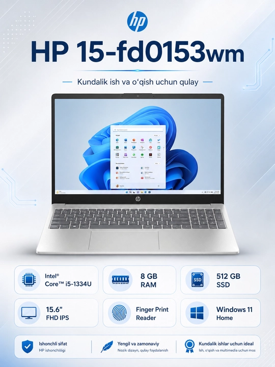 HP 15-fd0153wm noutbuk, i5-1334U, 8 GB, SSD 512 GB, 15.6 FHD IPS - 