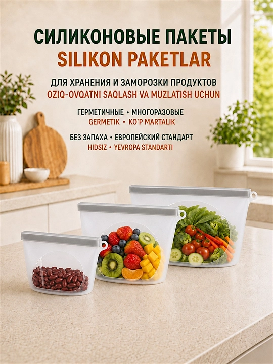 Oziq-ovqat saqlash va muzlatish uchun germetik, ko‘p martalik silikon paket - 