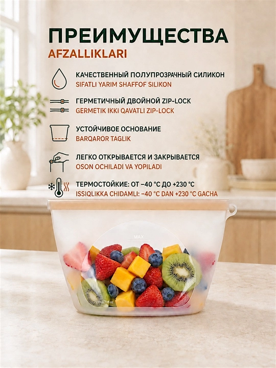 Силиконовые пакеты для хранения и заморозки продуктов, герметичные, многоразовые