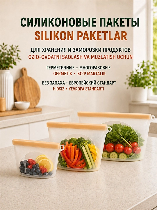 Oziq-ovqat saqlash va muzlatish uchun germetik, ko‘p martalik silikon paket - 
