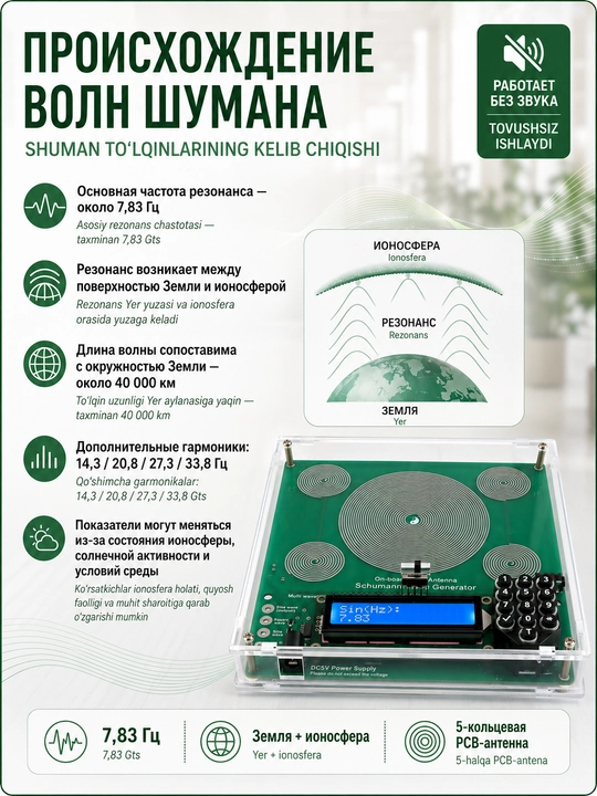 Shuman generatori 7,83 Gts, 0,01–100 000 Gts, dam olish, meditatsiya va uyqu uchun