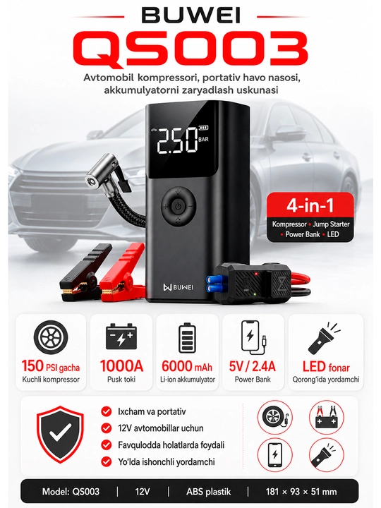 BUWEI QS003 mini kompressor, akkumulyatorlar uchun zaryadlovchi qurilma, booster