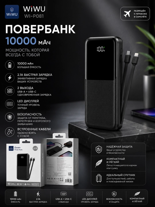 Power Bank WiWU WI-P081 10000 mAh , displeyli, o‘rnatilgan kabelli, 22.5W - 