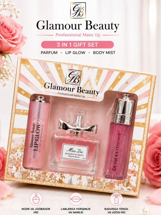 Glamour Beauty 3in1 ayollar uchun sovg‘a to‘plami Lip Glow balzami va Body Mist - 