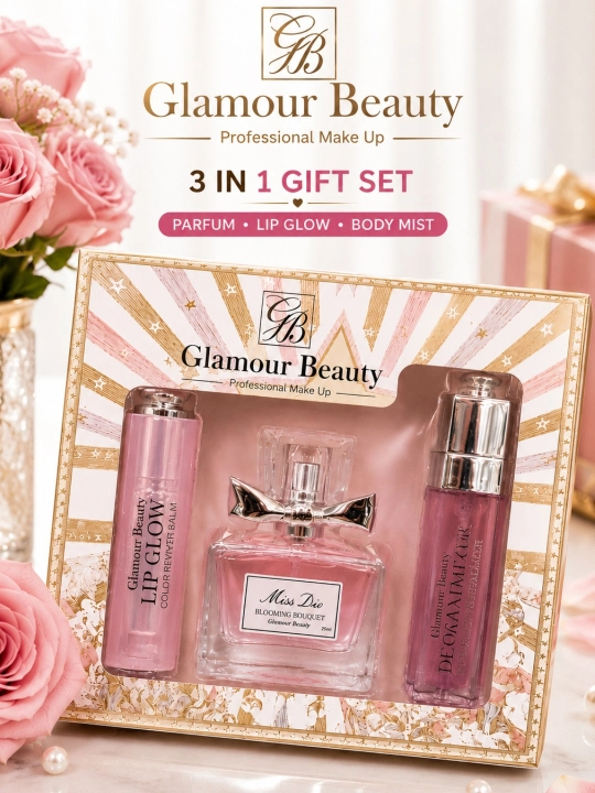 Glamour Beauty 3in1 женский подарочный набор духи Lip Glow бальзам и Body Mist