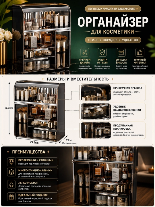 Органайзер для косметики, настольный с прозрачной крышкой, белый