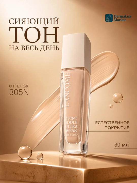 Yengil qoplamali va tabiiy yaltiroq qoplamali Lancôme Teint Idole tonal asosi, 30 ml