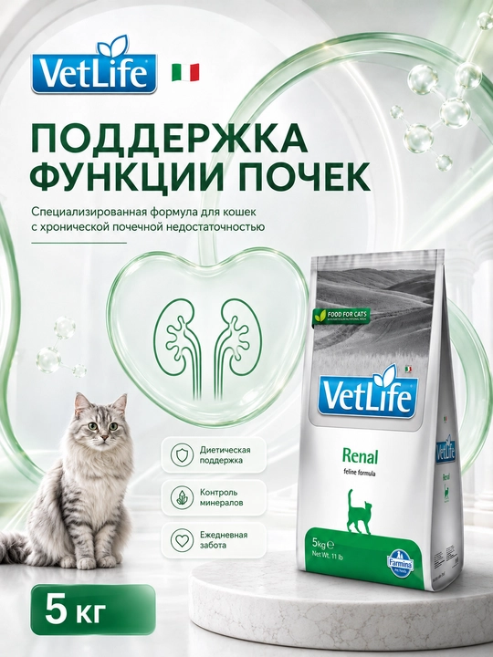 Farmina VetLife Renal 5 кг сухой лечебный корм, поддерживающий функцию почек у кошек