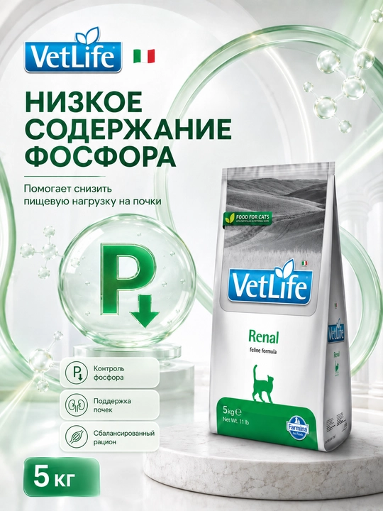 Farmina VetLife Renal 5 кг сухой лечебный корм, поддерживающий функцию почек у кошек