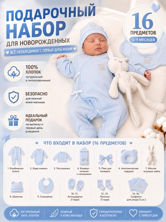 Подарочный набор для новорожденных 16-в-1 0-9 месяцев — Набор одежды из 100% хлопка