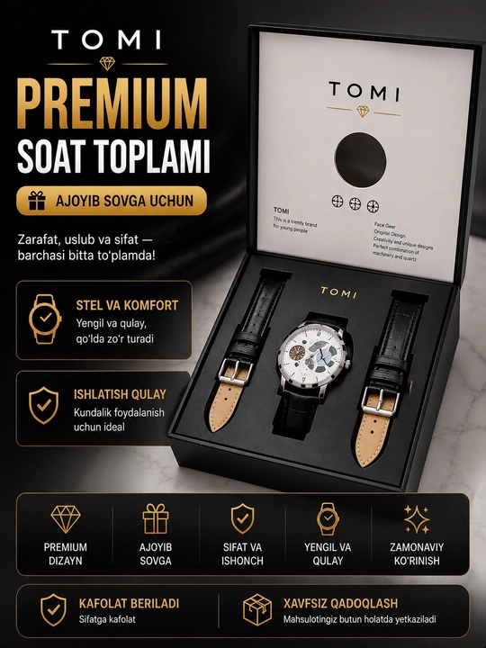 TOMI erkaklar soati, 2 ta bilaguzukli premium sovg‘a to‘plami, kvars mexanizmli - 