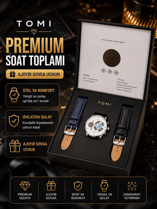 TOMI erkaklar soati, 2 ta bilaguzukli premium sovg‘a to‘plami, kvars mexanizmli - 