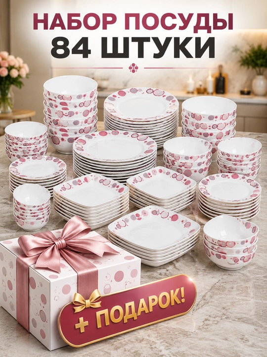 Набор посуды на 12 персон, 84 предмета из стеклокерамики + подарок - 