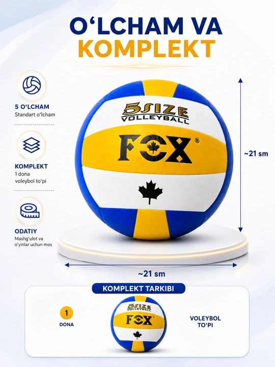 Voleybol to‘pi FCX, 5 o‘lcham, mashg‘ulot va o‘yin uchun, ko‘k sariq oq