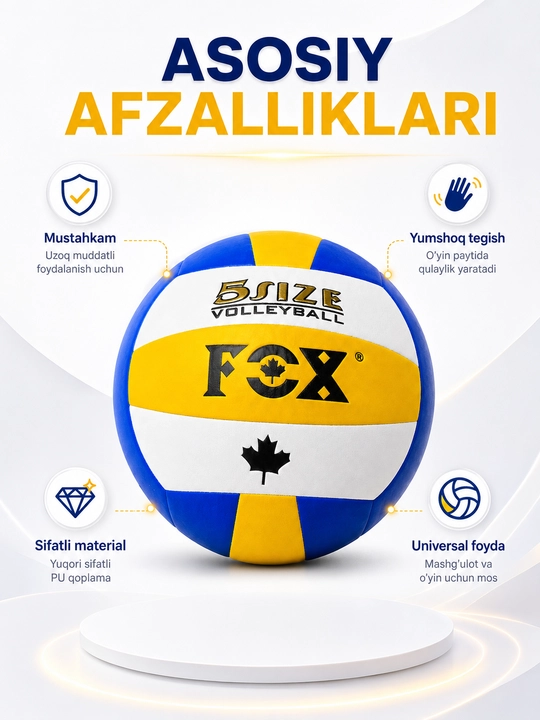 Voleybol to‘pi FCX, 5 o‘lcham, mashg‘ulot va o‘yin uchun, ko‘k sariq oq