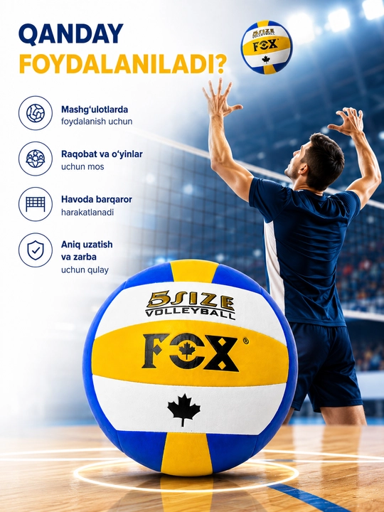 Voleybol to‘pi FCX, 5 o‘lcham, mashg‘ulot va o‘yin uchun, ko‘k sariq oq