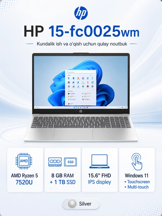 HP 15-fc0025wm noutbuk, Ryzen 5 7520U, 8 GB, SSD 1 TB, 15.6 FHD Touch - 