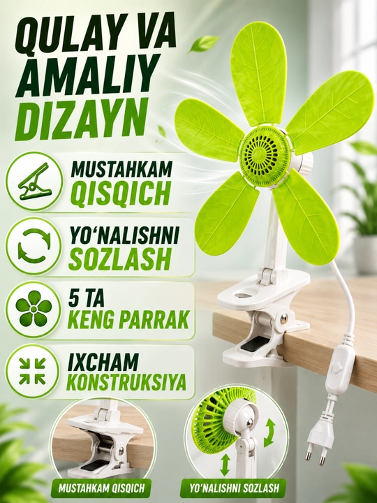 Ventilyator qisqichli, 5 parrakli, stol va uy uchun elektr ventilyator